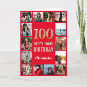 Carte 100e Joyeux Anniversaire Rouge et or Collage photo
