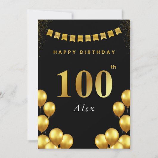 Carte 100th Birthday Card Black and Gold Balloons (Devant)