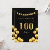 Carte 100th Birthday Card Black and Gold Balloons (Devant/Arrière en situation)