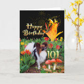 Carte 101e anniversaire papillon chien dans jardin de tu (Fleur jaune)