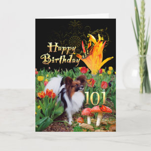 Carte 101e anniversaire papillon chien dans jardin de tu