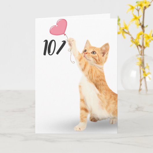 Carte 101e anniversaire tabby cat (Fleur jaune)