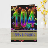 Carte 104ème anniversaire avec bulles arc-en-ciel et feu (Fleur jaune)