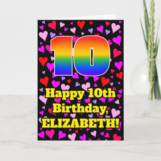 Carte 10e anniversaire : Amour Hearts Motif, Arc-en-ciel (Devant)