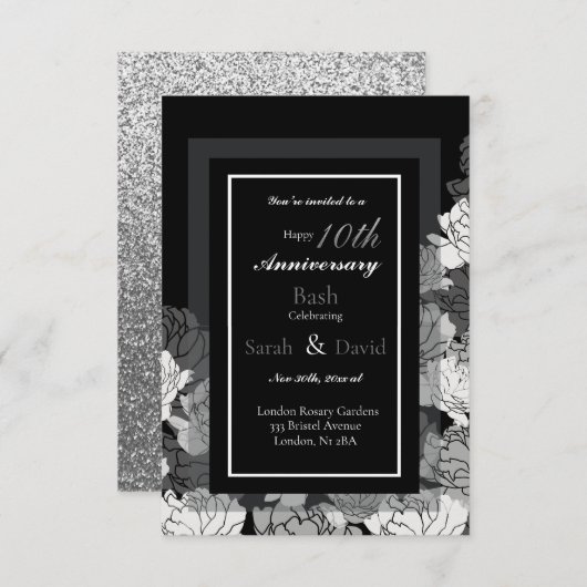 Carte 10e anniversaire argent, noir & blanc tirage rose (Devant / Derrière)