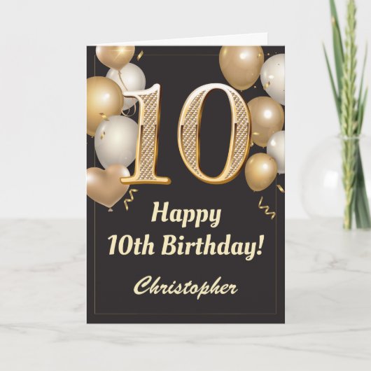 Carte 10e anniversaire Black and Gold Balloons Confetti (Devant)