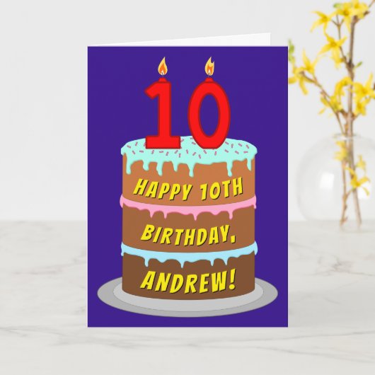 Carte 10e anniversaire : Fun Cake and Candles + Nom pers (Fleur jaune)