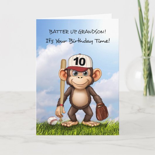 Carte 10e anniversaire Grand-fils Baseball Monkey Bat Ba (Devant)