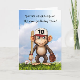 Carte 10e anniversaire Grand-fils Baseball Monkey Bat Ba