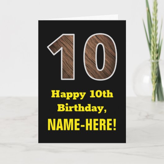 Carte 10e anniversaire : Nom, Motif Faux Wood Grain "10" (Devant)