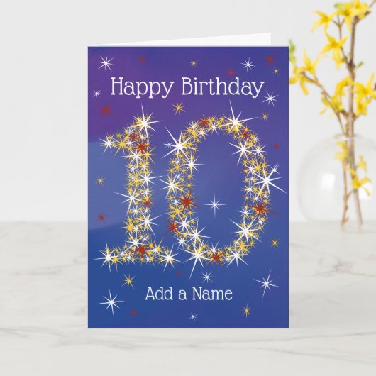 Carte 10e anniversaire - Numéro 10 étoiles - Bleu - Âge (Fleur jaune)