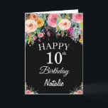 Carte 10e Birthday Watercolor Floral Flowers Black Card<br><div class="desc">10e Birthday Watercolor Floral Flowers Black Card with personalized name and age. For further customization,  please click the "Customize it" button and use our design tool to modify this template.</div>
