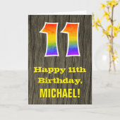 Carte 11e anniversaire : aspect bois rustique faux, "11" (Fleur jaune)