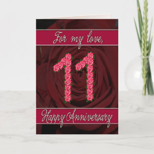 Carte 11e anniversaire avec roses et feuilles