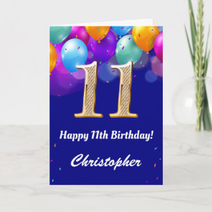 Carte 11e anniversaire Ballons bleu et or couleur marine