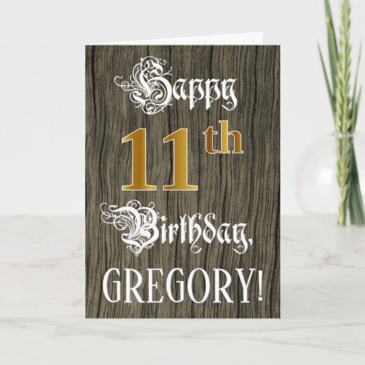 Carte 11e anniversaire : Faux Gold Look + Faux Wood Moti (Devant)