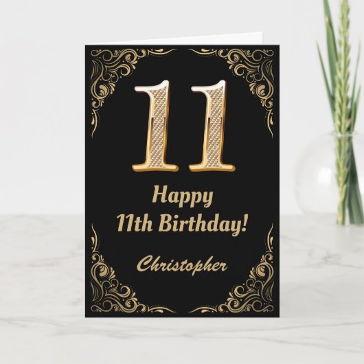 Carte 11e anniversaire Parties scintillant noir et or ca (Devant)