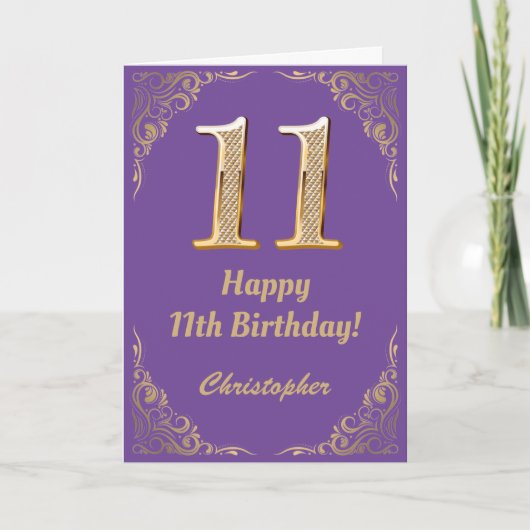 Carte 11e anniversaire Parties scintillant violet et or (Devant)