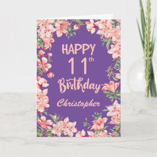 Carte 11e anniversaire Peach rose violet aquarelle Flora