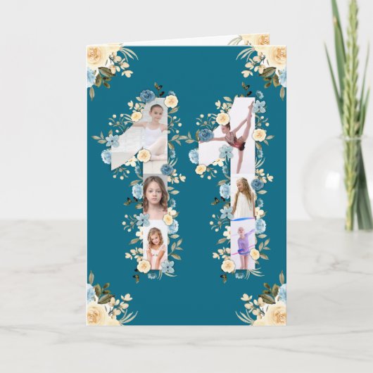Carte 11e anniversaire Photo Collage Fleur Jaune Turquoi (Devant)