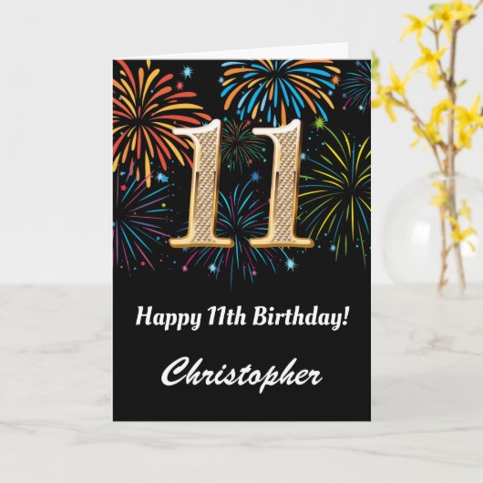 Carte 11e anniversaire Rainbow Fireworks noir et or (Fleur jaune)