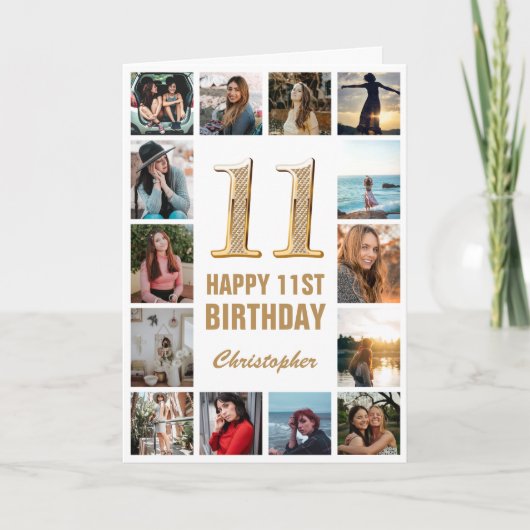Carte 11e Joyeux Anniversaire Collage photo d'or et blan (Devant)