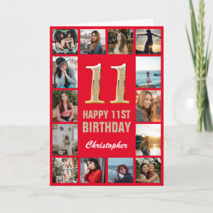 Carte 11e Joyeux Anniversaire Collage photo rouge et or