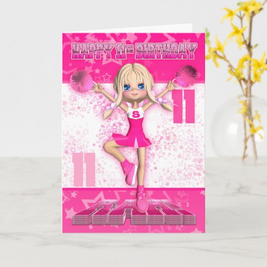 Carte 11ème Pom-pom girl d'anniversaire dansant, étoiles (Fleur jaune)