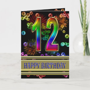 Carte 12e anniversaire avec bulles arc-en-ciel et feux d