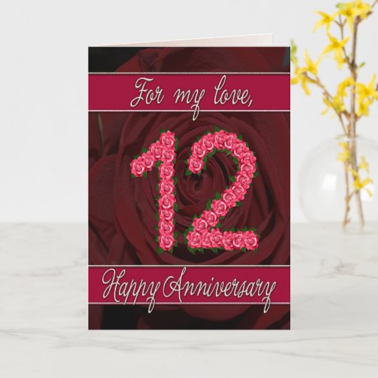 Carte 12e anniversaire avec rose et feuille (Fleur jaune)