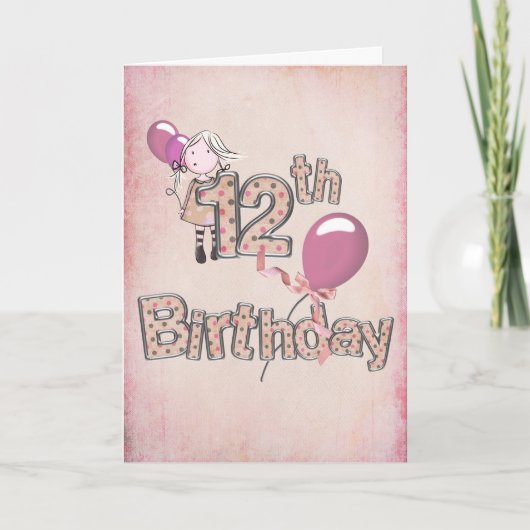 Carte 12e anniversaire avec une fille tenant des ballons (Devant)