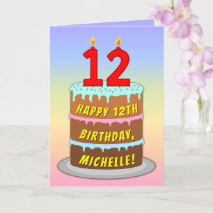 Carte 12e anniversaire — Fun Cake & Candles, avec nom pe