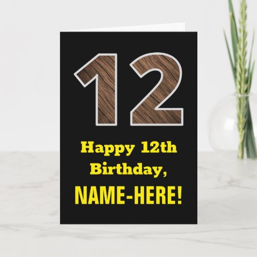 Carte 12e anniversaire : Nom, Motif Faux Wood Grain "12" (Devant)
