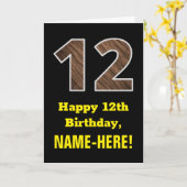 Carte 12e anniversaire : Nom, Motif Faux Wood Grain "12" (Fleur jaune)