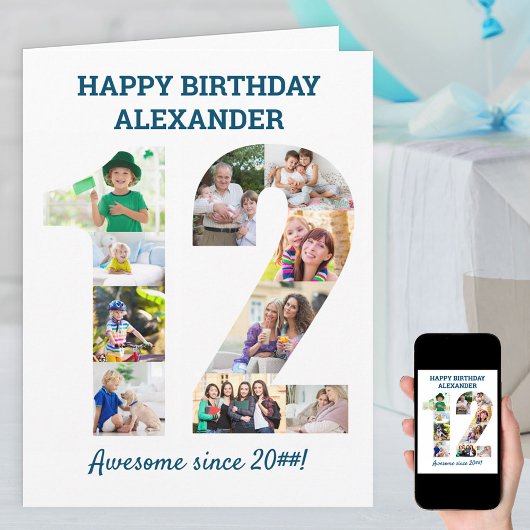 Carte 12e anniversaire Numéro 12 Blue Photo Collage Card