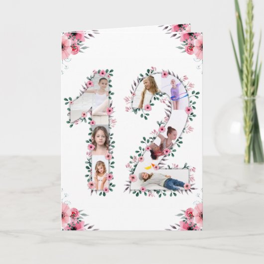 Carte 12e anniversaire Photo Collage Fille Rose Fleur Bl (Devant)