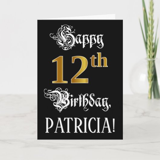Carte 12e anniversaire — Script fantaisie; look or Faux; (Devant)