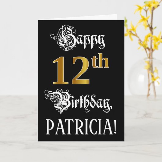 Carte 12e anniversaire — Script fantaisie; look or Faux; (Fleur jaune)