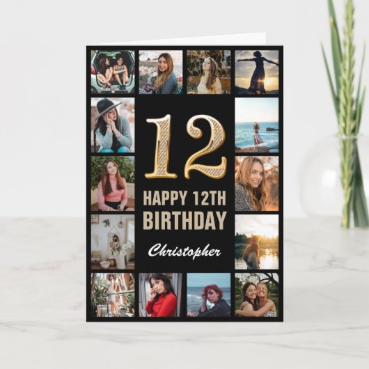 Carte 12e Joyeux Anniversaire Black and Gold Photo Colla (Devant)