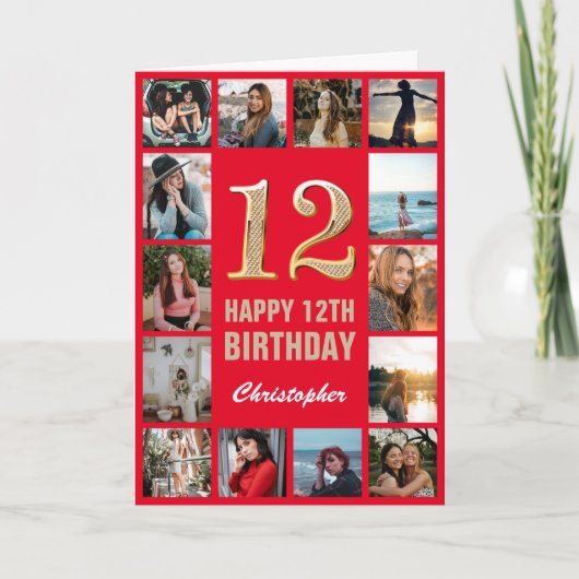 Carte 12e Joyeux Anniversaire Collage photo rouge et or (Devant)