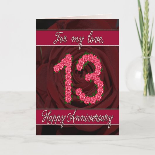 Carte 13e anniversaire avec roses et feuilles (Devant)
