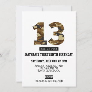 Carte 13e anniversaire, garçon fête, armée, treize, anni