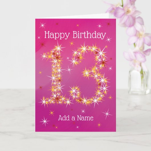 Carte 13e anniversaire - Numéro 13 en étoiles - Rose - A (Orchidée)
