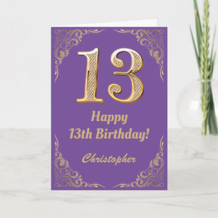 Carte 13e anniversaire Parties scintillant violet et or 