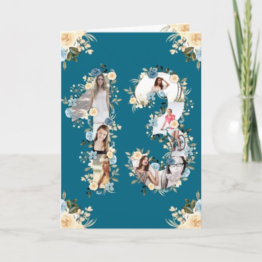 Carte 13e anniversaire Photo Collage Fleur Jaune Turquoi (Devant)