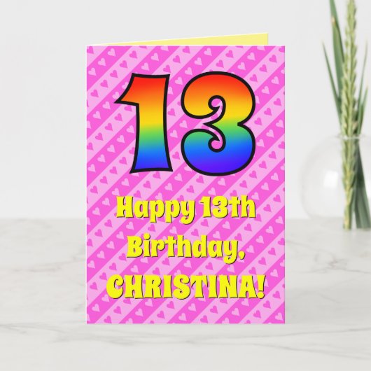 Carte 13e anniversaire : Pink Stripes & Hearts, Arc en c (Devant)