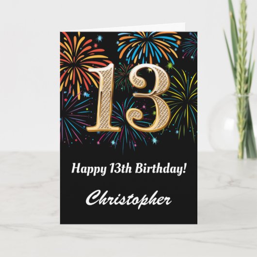 Carte 13e anniversaire Rainbow Fireworks noir et or (Devant)