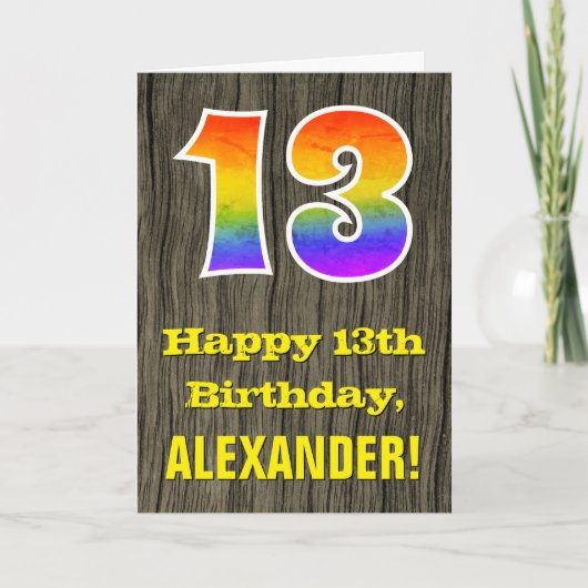 Carte 13e anniversaire : Rustic Faux Wood Look, Arc-en-c (Devant)