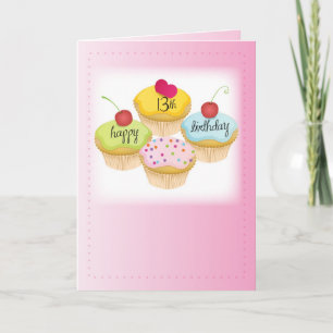 Carte 13ème anniversaire pour fille, Cupcakes on Pink