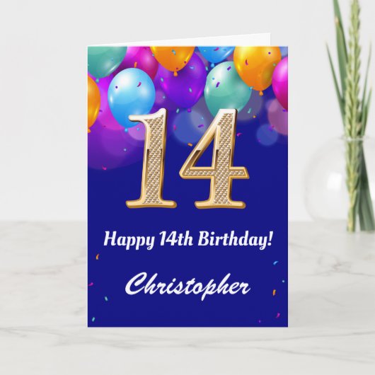 Carte 14e anniversaire Ballons bleu et or couleur marine (Devant)
